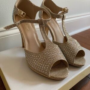 Bella Marie Gold T-Strap Rhinestone Peep-Toe Heels